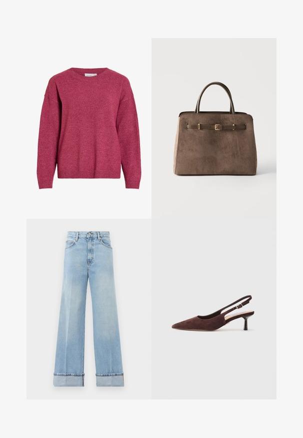 Langærmet crewneck-trøje i meleret mørkerød, med ribkant ved ærmer og kant, blødt strikket stof, afslappet pasform.; Lysblå vidbukser lavet af denim, med høj talje, opsmøgte syninger og klassisk fem-lomme-design. Ren finish med minimal slid.; Brune ruskinds slingback sko med spids tå og en slank hæl. Har en justerbar rem med en metalspænde.; Brun ruskindshåndtaske med to håndtag og en dekorativ læderrem med guldfarvet spænde foran, på en ensfarvet baggrund.