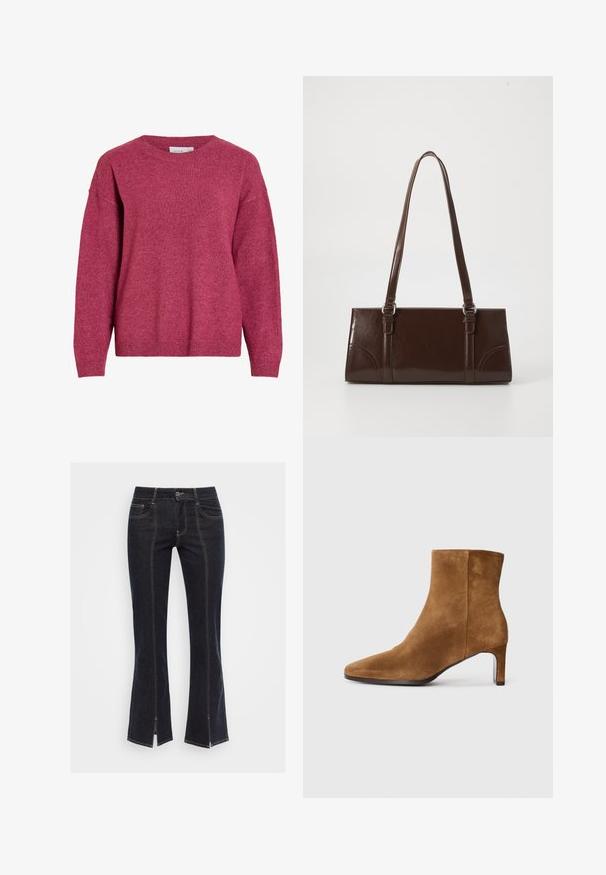 Langærmet crewneck-trøje i meleret mørkerød, med ribkant ved ærmer og kant, blødt strikket stof, afslappet pasform.; Mørkeblå denim flared jeans med forlommer, synlig syning og slidser i bunden, prydet med et klassisk talje bånd og metalknap.; Brune ruskinds ankelstøvle med spids tå og slank hæl i mellem højde, set fra siden på en ensfarvet hvid baggrund.; Brun lakeret håndtaske med rektangulær form, to lange håndtag og subtile buede detaljer på fronten.