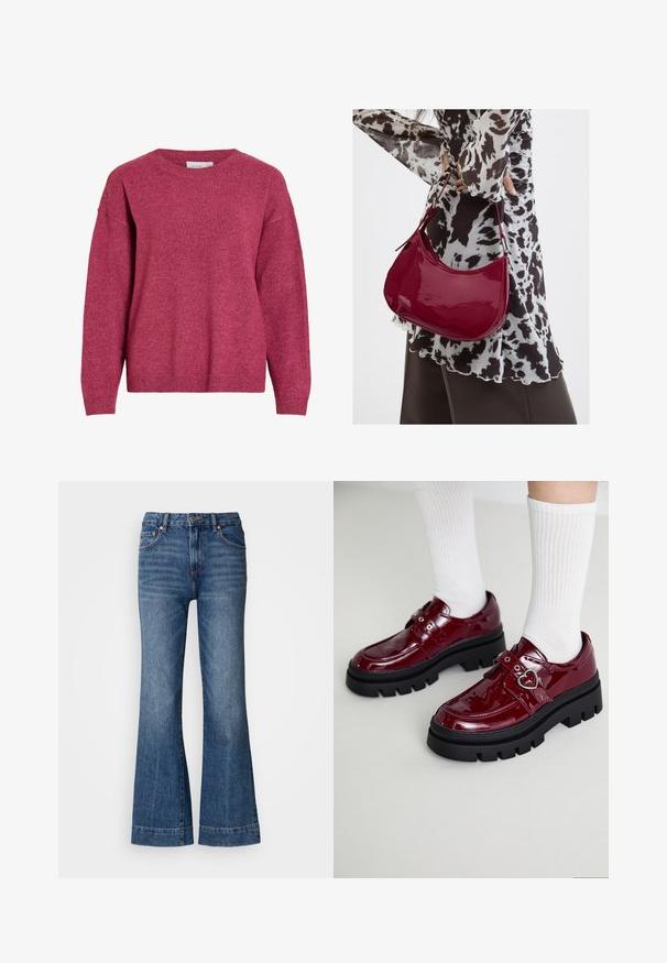 Trui met lange mouwen en ronde hals in gemêleerd donkerroze, geribbelde boorden en zoom, zachte gebreide stof, losse pasvorm.; Uitlopende denim jeans in donkerblauw. Beschikt over vijf zakken, riemlussen en oranje stiksels. Een gladde textuur met een klassiek pasvormontwerp.; Bordeaux patent leren schoenen met een dikke zwarte zool, dubbele band met hartdetail en geribbelde witte sokken. Retro ontwerp met dikke grip.; Vrouw met een zwart-wit gebloemde blouse houdt een glanzende rode schoudertas vast tegen een effen achtergrond.