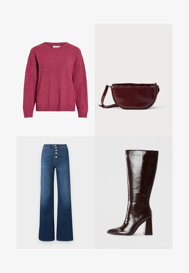 Langærmet crewneck-trøje i meleret mørkerød, med ribkant ved ærmer og kant, blødt strikket stof, afslappet pasform.; ONLY ONLMADISON BLUSH BUT WIDE - Jeans Relaxed Fit - medium blue denim; Knehøje brune læderstøvler med en blank finish, spids tå og bred blokhæl. Glat tekstur og elegant design.; Vinrød læderhåndtaske med halvmåneform, lynlås og aftagelig rem. Glat tekstur med en subtil glans.