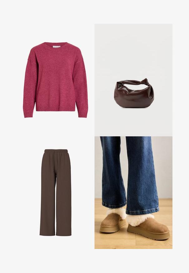 Pull à manches longues avec col rond en rose foncé chiné, poignets et ourlet côtelés, tissu en maille douce, coupe décontractée.; Pantalon large marron avec taille élastique et cordon, présenté sur un fond blanc uni. Aucun logo ou motif visible.; Chaussons en daim marron avec un épais revers en fourrure légère, montés sur une semelle plateforme beige, associés à un jean en denim à coupe large.; Sac bandoulière en cuir marron foncé avec une forme souple et décontractée et une anse nouée torsadée sur un fond blanc uni.
