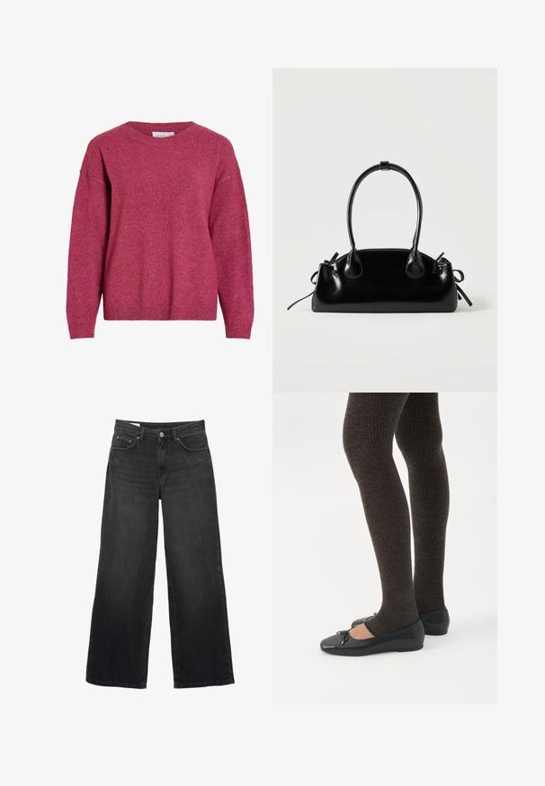 Langærmet crewneck-trøje i meleret mørkerød, med ribkant ved ærmer og kant, blødt strikket stof, afslappet pasform.; Sorte viddebukser i jeans med høj talje, lukning med forreste knap og lynlås, bæltestropper og femlommesdesign.; Ben iført mørke ribbede leggings kombineret med sorte balletsko med små sløjfedetaljer på hvid baggrund.; Lille sort blank håndtaske med to lange håndtag og snøre-detaljer i siden på en ensfarvet lys baggrund.