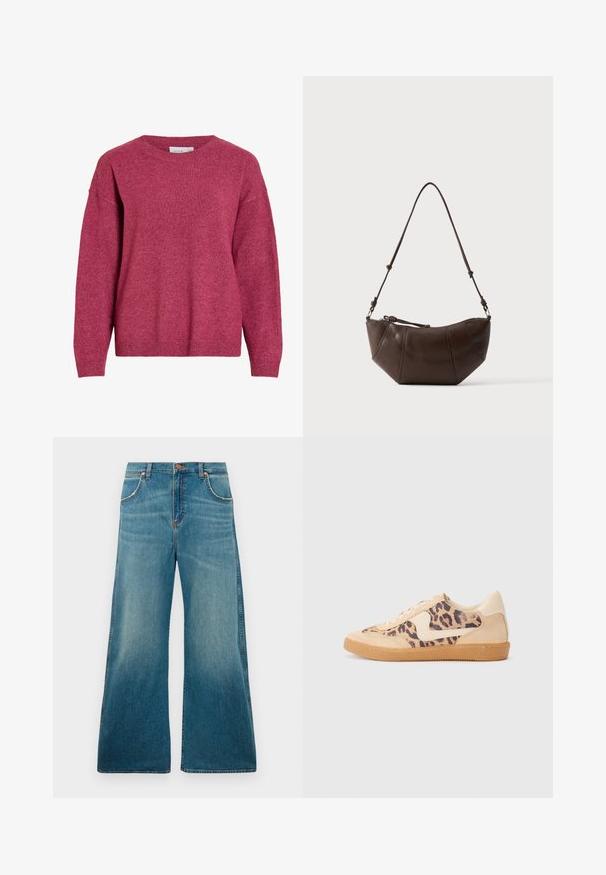 Langärmliger Rundhalspullover in meliertem Dunkelpink, mit gerippten Bündchen und Saum, weichem Strickstoff, legerer Passform.; Hochtaillierte blaue Jeans aus Denim mit weitem Bein, frontalen Taschen, Knopfverschluss und einem verblassten Farbverlauf von der Taille bis zum Saum.; Löwenmuster-Sneaker mit beige Wildleder-Obermaterial, tanfarbener Gummisohle und weißen Akzenten. Runde Zehenform und Schnürdesign mit strukturiertem Finish.; Braune Leder-Schultertasche mit gewölbtem Boden und verstellbarem Riemen vor einfarbig hellem Hintergrund.