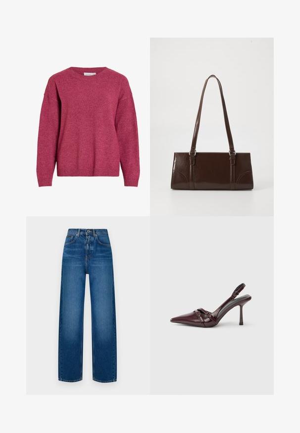 Trui met lange mouwen en ronde hals in gemêleerd donkerroze, geribbelde boorden en zoom, zachte gebreide stof, losse pasvorm.; Wijdvallende denim jeans in vervaagd blauw. Voorzien van een knoopsluiting, klassiek vijf-pocket ontwerp en een zachte, gestructureerde afwerking.; Bordeauxrode lakleren slingback met puntige neus, dunne enkelband en kleine decoratieve gespsluiting. Gladde textuur en hoge hak.; Bruine lakleren handtas met een rechthoekige vorm, twee lange handvatten en subtiele gebogen accenten aan de voorkant.
