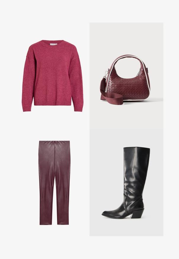 Langærmet crewneck-trøje i meleret mørkerød, med ribkant ved ærmer og kant, blødt strikket stof, afslappet pasform.; Bordeaux faux læder leggings med en glat tekstur, høj talje og tætsiddende design, der strækker sig til anklerne uden yderligere detaljer.; Sorte læder knæhøje støvler med spids tå, vinklet hæl og glat tekstur. Funktioner en subtil syning langs siden.; Mørkerød vævet lædertaske med buet hank, hvid kant, sølv lynlås og aftagelig bred stofskulderrem mod en ensfarvet baggrund.