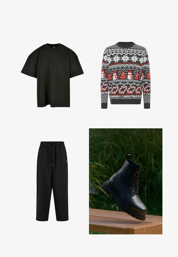 Grå strikket sweater med snefnug, snemænd og juletræ mønstre i rød og hvid, med en "GLÆDELIG JUL" tekstdesign.; Sort oversized t-shirt i blød bomuld. Har en rund crew neckline og korte ærmer, med en glat tekstur og minimalistisk design.; Sorte sweatpants med elastisk talje og snøre. Fremstillet af blødt stof, med en afslappet pasform og sidelommer.; Sort læder ankelstøvle med rund tå, snørebånd fortil og en tyk, tandet sål. Har en trækflap ved kraven for nem påtagning.