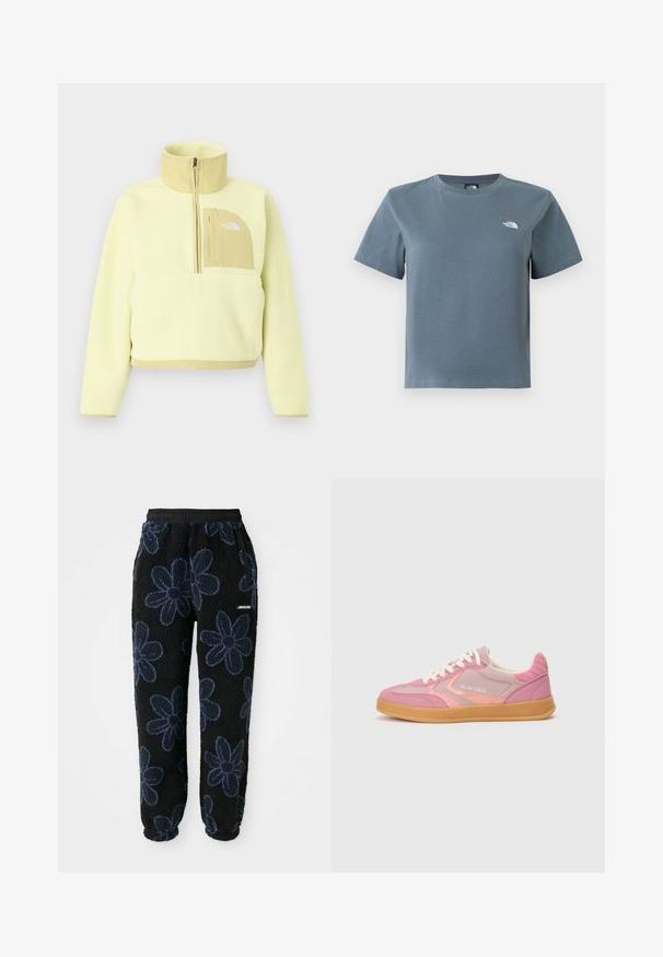 Hele-kollane fliisist poollukuga pullover, kõrge krae ja beež rindtasku, millel on The North Face'i logo.; Lühikeste varrukatega ümara kaelusega hallikas-sinine T-särk, millel on vasakul rinnal väike valge The North Face logo, esitatud valgel taustal.; Fliisist joggers musta tausta ja tumeda sinise lillemustriga. Omavad elastset vöökohta ja külje taskuid. Pehme tekstuur.; Roosa ja hele lilla seemisnahast toss valgete paelte, beeži kummist tallaga ja pehme voodriga, külgmisel kaubamärgiga "Scotch & Soda."