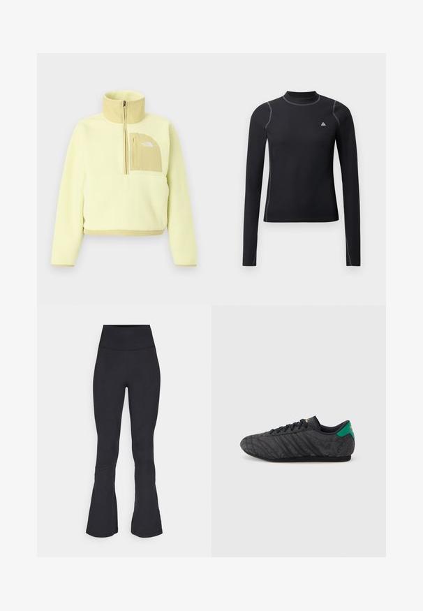 Pull polaire jaune clair avec demi-fermeture éclair, col montant et poche poitrine beige avec le logo The North Face.; Top noir à manches longues avec un col haut, en tissu texturé, et coutures contrastées. Présente un petit logo sur la poitrine et un design ajusté.; Leggings évasés noirs en tissu extensible, avec une taille haute, une texture lisse et des détails de couture subtils.; Baskets noires à profil bas avec un motif floral subtil, lacets noirs, languette de talon verte et logo doré sur la languette et le talon.