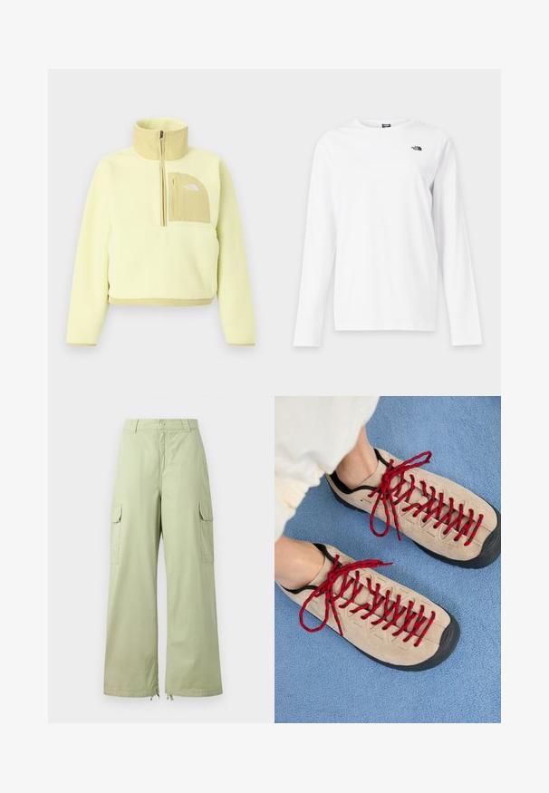 Lichtgele fleece trui met halve rits, hoge kraag en beige borstzak met het The North Face-logo.; Wit shirt met lange mouwen en ronde hals met klein zwart The North Face-logo op de linkerborst.; Lichtgroene cargobroek met wijde pijpen, gemaakt van katoen. Bevat twee zijzakken en een knoopsluiting. Soepele textuur en casual ontwerp.; Beige schoenen met rode veters, geplaatst op een blauwe, gestructureerde ondergrond, onthullen gedeeltelijk de enkel van een persoon. De schoenen hebben een sportief ontwerp.