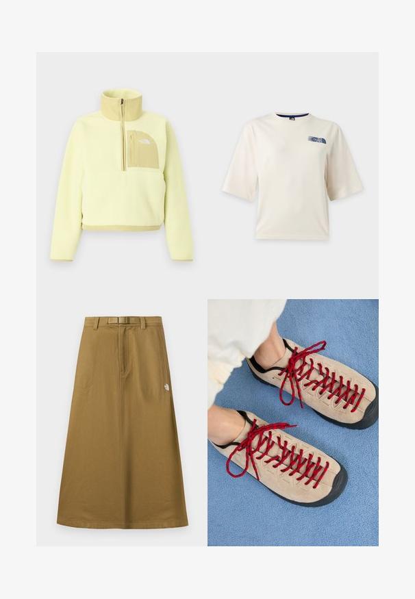 Pull polaire jaune clair avec demi-fermeture éclair, col montant et poche poitrine beige avec le logo The North Face.; T-shirt blanc à manches courtes avec un petit logo bleu The North Face sur la partie supérieure gauche de la poitrine.; Jupe longue extérieure beige avec poches avant, ceinture intégrée et logo The North Face sur le côté droit.; Des chaussures beiges avec des lacets rouges, posées sur une surface bleue texturée, révèlent partiellement la cheville d'une personne. Les chaussures ont un design sportif.
