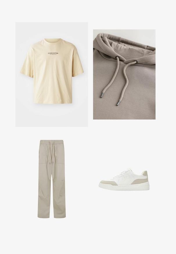 Beige hoodie met een zachte textuur, voorzien van een capuchon met trekkoord en metalen uiteinden, en een comfortabele pasvorm, gemaakt van een katoenmengsel.; Beige katoenen t-shirt met een ronde hals, korte mouwen en de tekst "STUDIO EDITION" in zwarte print over de borst.; Lichtbeige, relaxed-fit broek met een elastische tailleband, koordsluiting en patchzakken, gemaakt van ademend materiaal en met een matte afwerking.; Witte lage sneaker met beige suède accenten, veterluiting en dikke witte zool, weergegeven vanaf de buitenkant op een witte achtergrond.
