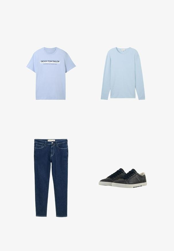 Lyseblå langærmet tekstureret bluse med rund halsudskæring og lige kant, lavet af et blødt, letvægts materiale.; Lysblå bomulds t-shirt med korte ærmer og rund hals. Frontgrafik inkluderer "DENIM TOM TAILOR" og "etableret to tusinde og syv."; Mørkeblå denimjeans med slank pasform, fem-lomme-design og kontrasterende hvide sømme. Knappelukning ved taljen og minimal detaljering.; Marine læder sneakers med hvide gummisåler, rund tå og sorte snørebånd. Subtile teksturer og branding på siderne. Casual design.
