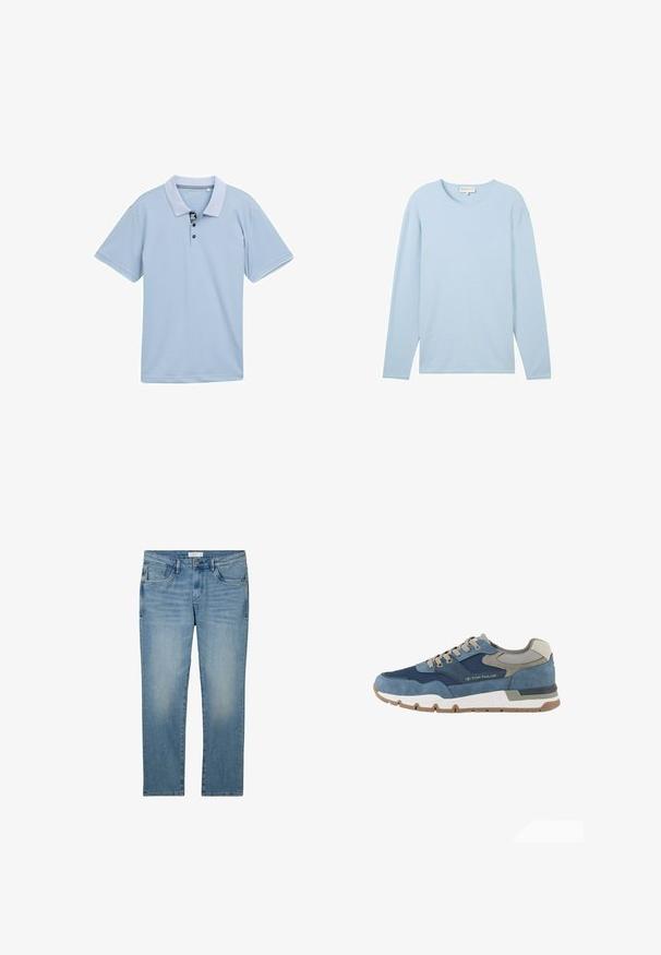 Lyseblå langærmet tekstureret bluse med rund halsudskæring og lige kant, lavet af et blødt, letvægts materiale.; Lyseblå polo-shirt med en tofarvet krave, tre-knaps placket og korte ærmer. Fremstillet af glat, åndbart stof.; Blå denimjeans med lige ben-design, der har fem lommer og en falmet finish. Stoffet har en glat tekstur og let stræk.; TOM TAILOR LICENCE SNEAKER MIT -BLOCKING - Sneakers - navy