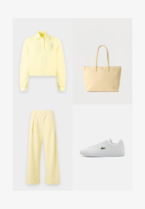 Polo de manga larga color amarillo pálido con tres botones, puños acanalados y un pequeño parche texturizado en el pecho izquierdo.; Pantalones amarillos de pierna ancha con textura acanalada y cinturilla elástica. Presentan pliegues delanteros y un pequeño diseño bordado en el lateral.; Zapatilla de cuero blanca con punta redondeada, diseño de cordones, logo de cocodrilo bordado en verde y suela de goma texturizada.; Bolso tote beige con asas dobles, cierre de cremallera y un pequeño logo plateado centrado cerca de la parte superior.