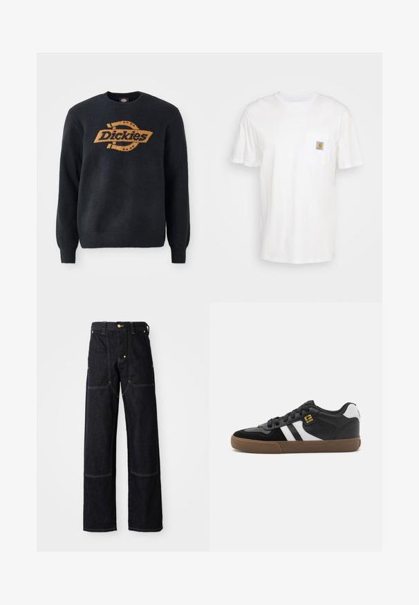 Sort strik sweater med rund hals, prydet med et stort orange "Dickies" logo på brystet. Ribvede manchetter og kant, blød tekstur.; Hvid bomulds T-shirt med korte ærmer, en brystlomme, og et lille firkantet logo patch i orange og hvid på lommen.; Mørkeblå denimbukser med lige ben, der har gule stikninger og forlommer. Stoffet ser solidt og struktureret ud.; Sorte og hvide sneakers med overdel i ruskind og læder, der har hvide striber, sorte snørebånd og en brun gummisål. Guld logo detaljer.