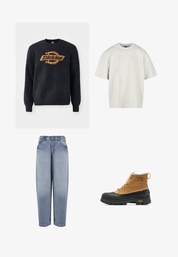 Schwarzer Strickpullover mit Rundhalsausschnitt, ausgestattet mit einem großen orangefarbenen "Dickies"-Logo über der Brust. Rippbündchen und -saum, weiche Textur.; Hellgraues Baumwoll-T-Shirt mit kurzen Ärmeln, Rundhalsausschnitt und lockerer Passform. Der Stoff hat eine weiche, leicht strukturierte Oberfläche.; High-waisted, locker sitzende blaue Jeans mit Vordertaschen, Gürtelschlaufen, Knopfverschluss und ausgebleichten Details entlang der Beine.; Braun-schwarzer isolierter Winterstiefel mit Schnürung, Gummisohle und Vibram-Profil, mit Sorel- und Gore-Tex-Logos.