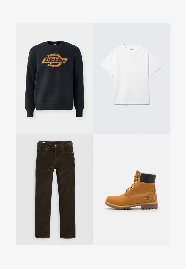 Zwarte gebreide sweater met ronde hals, met een groot oranje "Dickies" logo over de borst. Ribbels aan de mouwen en onderkant, zachte textuur.; Witte T-shirt met korte mouwen en ronde hals, plat gelegd, effen ontwerp, met een "WEEKDAY" label in de kraag op een lichte achtergrond.; Bruine corduroy broek met een recht gesneden pasvorm, vijf zakken, zichtbare stiksels en een gestructureerde stofafwerking. Metalen knoopsluiting aan de taille.; Bruine leren enkellaars met metalen oogjes, witte faux bont voering, zwarte gewatteerde kraag, robuuste zool en een reliëflogo aan de zijkant.