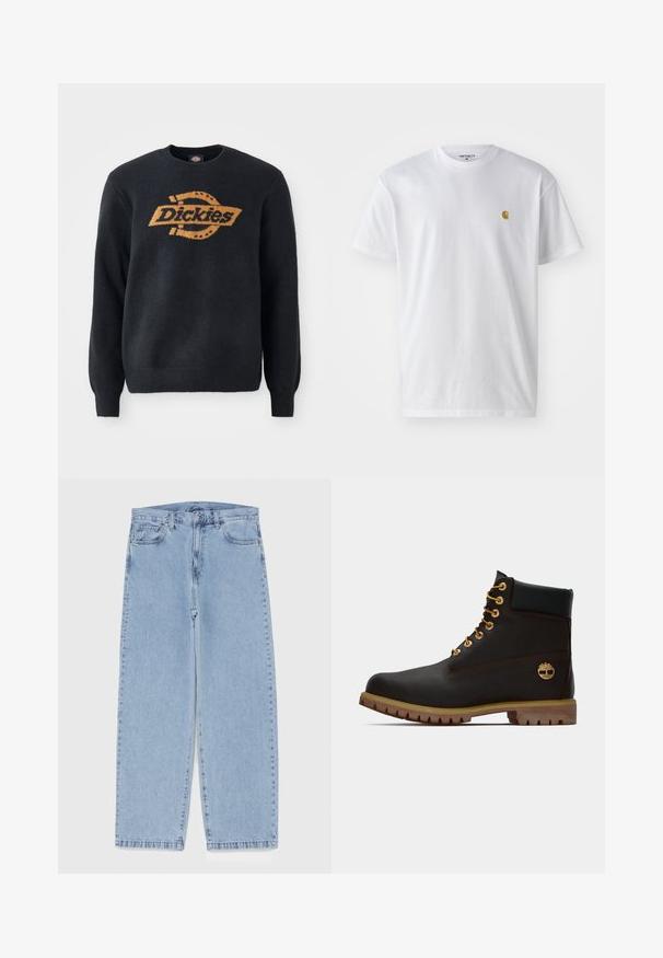 Zwarte gebreide sweater met ronde hals, met een groot oranje "Dickies" logo over de borst. Ribbels aan de mouwen en onderkant, zachte textuur.; Witte katoenen t-shirt met korte mouwen en ronde hals, voorzien van een klein gouden logo op de linkerkant van de borst. Zachte textuur en een normale pasvorm.; Lichtblauwe denim jeans met een recht model, voorzien van een middelhoge taille, vijf zakken en een knoop- en ritssluiting.; Zwarte leren enkellaars met gouden oogjes, bruine accenten en een rubberen zool. Heeft een gevoerde kraag en geperst logo aan de zijkant.
