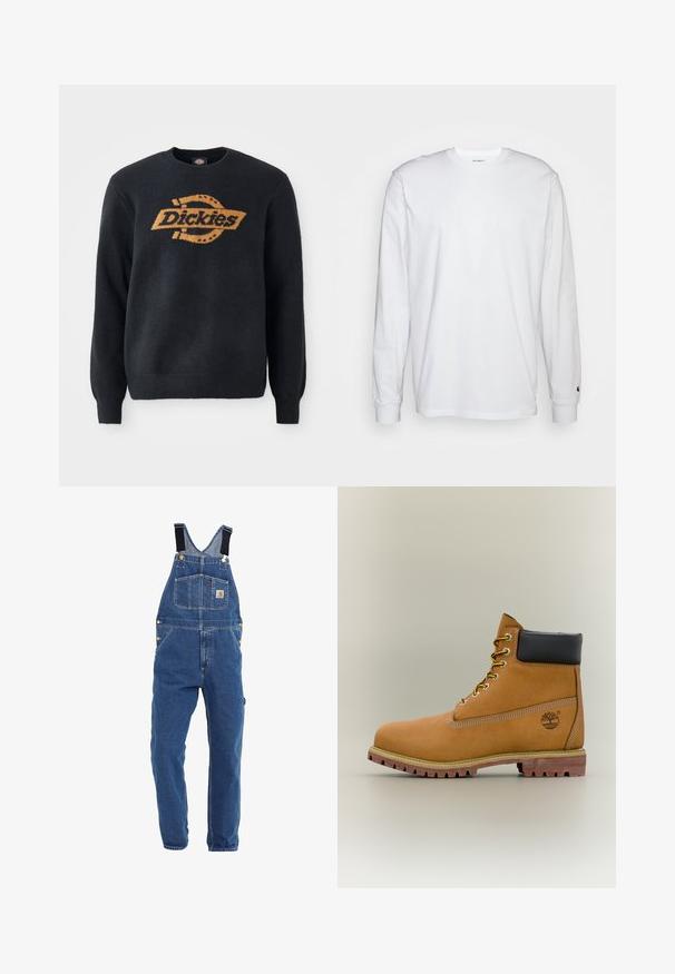 Must have ümmargune kaelusega must kudum, mille ees on suur oranž "Dickies" logo. Ribatud mansetid ja alläär, pehme tekstuur.; Valge pika varrukaga T-särk, mis on valmistatud puuvillast. Ümmargune kaelus, ribaga mansetid ja väike logo vasakul varrukal. Sile tekstuur.; Keskmise sinise tooniga teksariided, millel on reguleeritavad mustad rihmad, mitmed taskud ja metallist hardware aktsendid.; Pruun nahast pahkluu saabas musta kraega, kollaste paelte ja beežide tallaga. Omab logo ja valge õmbluse detaile. Tugeva haardega välistald.