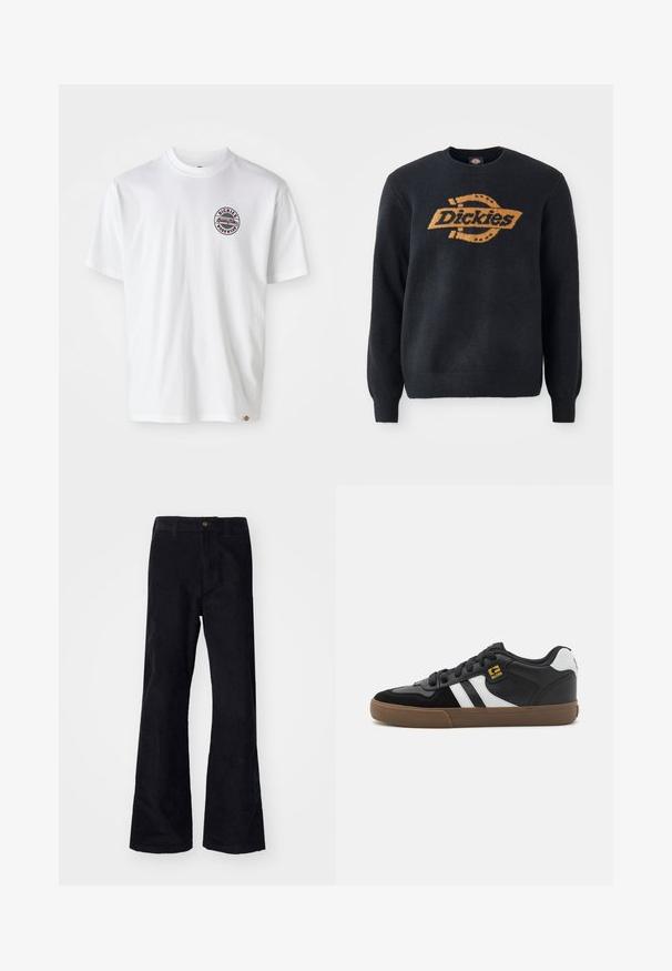 Schwarzer Strickpullover mit Rundhalsausschnitt, ausgestattet mit einem großen orangefarbenen "Dickies"-Logo über der Brust. Rippbündchen und -saum, weiche Textur.; Weißes Baumwoll-T-Shirt mit rundem Logo auf der Brust. Rundhalsausschnitt, kurze Ärmel, lässige Passform, mit roten und schwarzen Akzenten.; Schwarze, baumwollene Schlaghose mit traditionellem Bund, einem einzelnen vorderen Knopf und Taschen an den Seiten und hinten. Glatte Textur.; Schwarz-weiße Sneakers mit einem Obermaterial aus Wildleder und Leder, ausgestattet mit weißen Streifen, schwarzen Schnürsenkeln und einer braunen Gummisohle. Mit goldenen Logo-Akzenten.