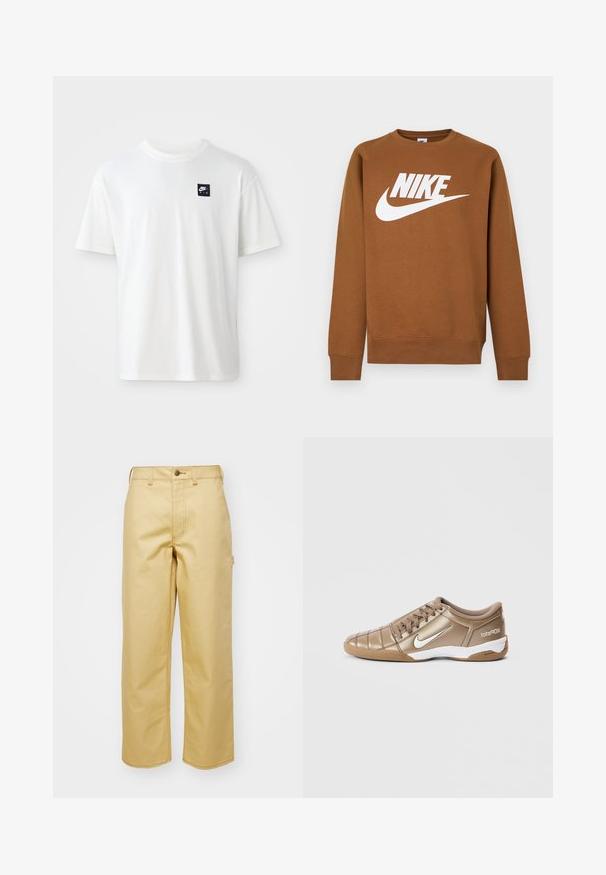 Braunes Sweatshirt mit Rundhalsausschnitt und langen Ärmeln mit großem weißem Nike-Logo und Swoosh auf der Brust vor schlichtem Hintergrund.; Weißes Baumwoll-T-Shirt mit kurzen Ärmeln und Rundhalsausschnitt; zeigt ein kleines schwarzes rechteckiges Nike Air-Logo auf der linken Brust.; Beige, weit geschnittene Hose aus Baumwolle mit einem Knopfverschluss vorne, Gürtelschlaufen und Seitentaschen. Glatte Textur mit sichtbaren Nähdetails.; Nike Total 90 III Fußballschuhe in metallischem Gold mit weißem Swoosh, mit glatter Textur, Schnürverschluss und Gummisohle.