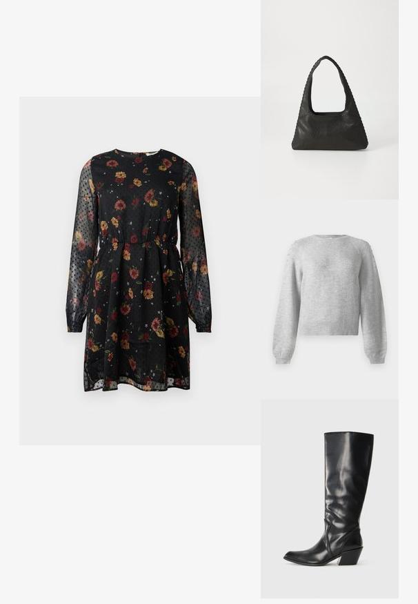 Grauer Pullover mit rundem Ausschnitt, langen Ärmeln und geripptem Saum. Verfügt über dekorative Details an den Schultern, hergestellt aus weichem, strukturiertem Stoff.; Schwarzes Blumenkleid aus transparenter Stoff. Es hat lange Puffärmel, einen runden Ausschnitt, einen elastischen Bund und ein gepunktetes Muster mit verschiedenen Blumen.; Schwarze Leder-Stiefel bis zum Knie mit spitzem Zeh, angularer Ferse und glatter Textur. Verfügt über einen dezenten gesteppten Akzent an der Seite.; Schwarze Lederhandtasche mit dreieckiger Form, einem großen Ausschnittgriff und detaillierter Naht entlang der Kanten. Glatte Textur.
