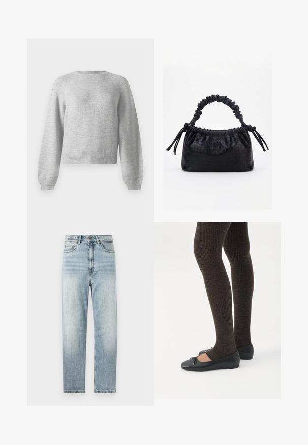 Grijze trui met een ronde hals, lange mouwen en geribbelde zoom. Bevat decoratieve details op de schouders, gemaakt van zachte, textuurrijke stof.; Lichtblauwe denim jeans met een recht gesneden pijp, voorzien van een knoop- en ritssluiting, vijf zakken en subtiele vervaging.; Benen met donkere geribbelde leggings gecombineerd met zwarte ballerina's met kleine strikdetails op een witte achtergrond.; Zwarte handtas met krokodillenstructuur, geplooide bovenrand, samengevoerde handgreep en koordtassels aan elke kant tegen een witte achtergrond.