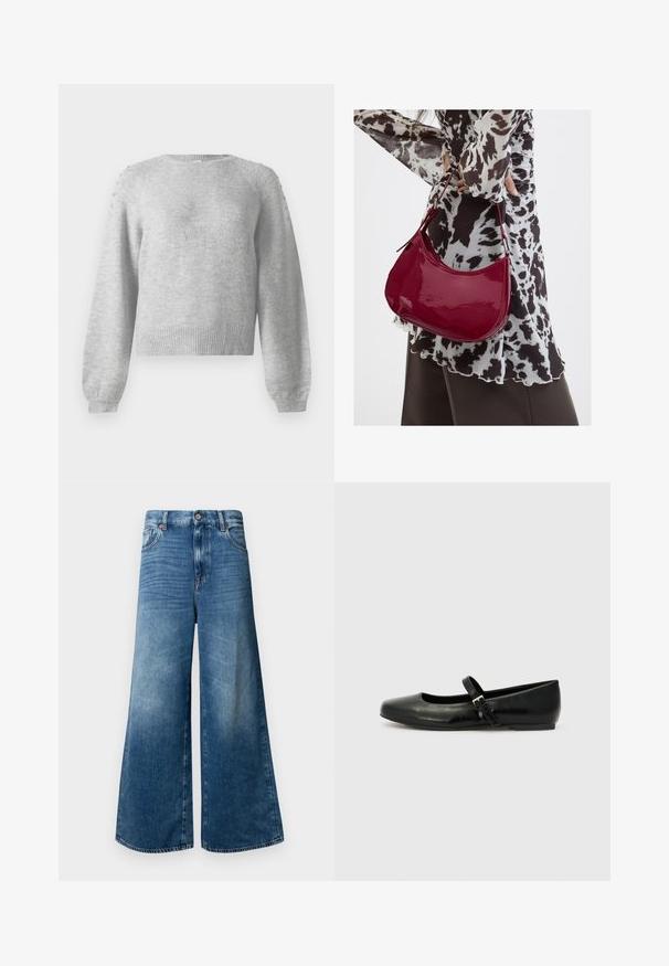 Grå sweater med rund halsudskæring, lange ærmer og ribbet kant. Har dekorative detaljer på skuldrene, lavet af blødt, tekstureret stof.; Bredde denim jeans i mellemblå med et klassisk fem-lomme design, knaplukning og let falmning for ekstra tekstur.; Sorte læder balletflade med rund tå, flad sål og en tynd justerbar rem over svangen med en metalspænde.; Kvinde iført en sort- og hvidmønstret bluse, der holder en blank rød skuldertaske mod en ensfarvet baggrund.