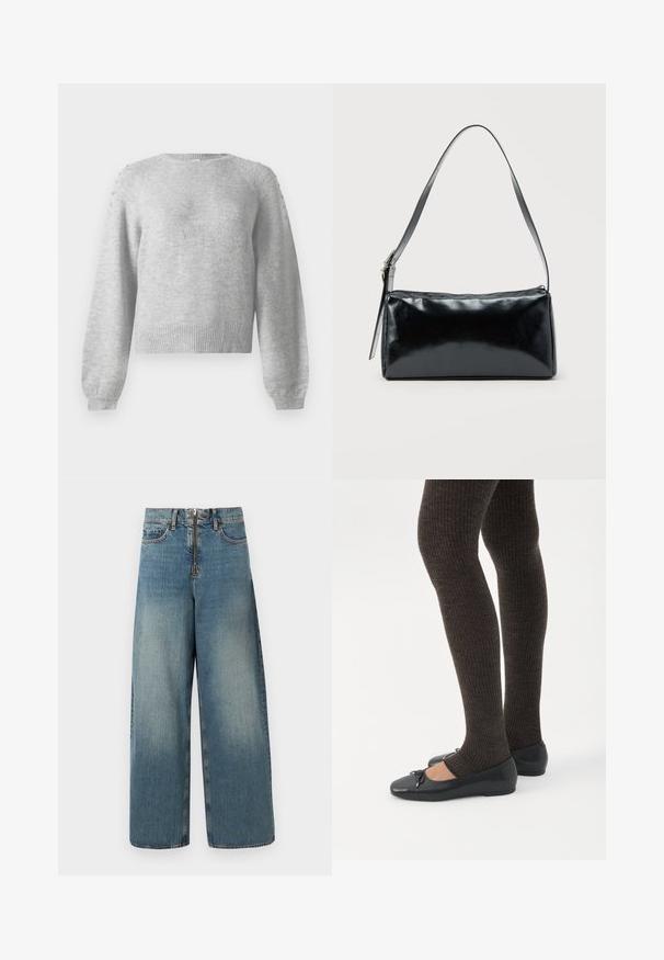 Grå sweater med rund halsudskæring, lange ærmer og ribbet kant. Har dekorative detaljer på skuldrene, lavet af blødt, tekstureret stof.; Vidde ben denim jeans i en lys blå vask. Har en lynlås med knaplukning og subtil falming for et brugt look.; Ben iført mørke ribbede leggings kombineret med sorte balletsko med små sløjfedetaljer på hvid baggrund.; Sort rektangulær skuldertaske med en enkelt justerbar rem og lynlås i toppen på en ensfarvet baggrund.