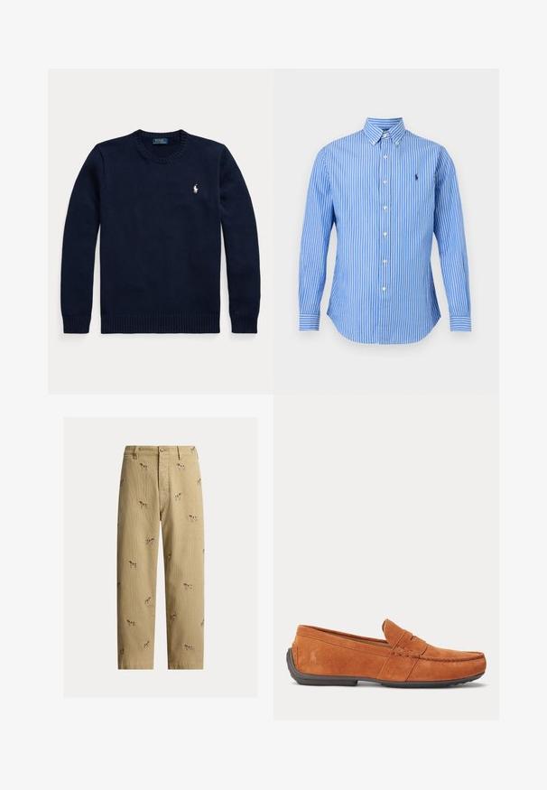 Donkerblauwe trui met ronde hals, lange mouwen en een klein wit Polo Ralph Lauren-logo op de linkerborst.; Blauw overhemd met lange mouwen met witte verticale strepen, knoopkraag en klein geborduurd logo op de linkerborst.; Beige ribfluwelen broek met geborduurde hondendesigns, rechte pijp, en vijfzakkenstijl met een knoopsluiting aan de voorkant.; Bruine suède herensloffen met stikseldetails, een gleuf voor munten op het bovenwerk en een donkere rubberen zool.