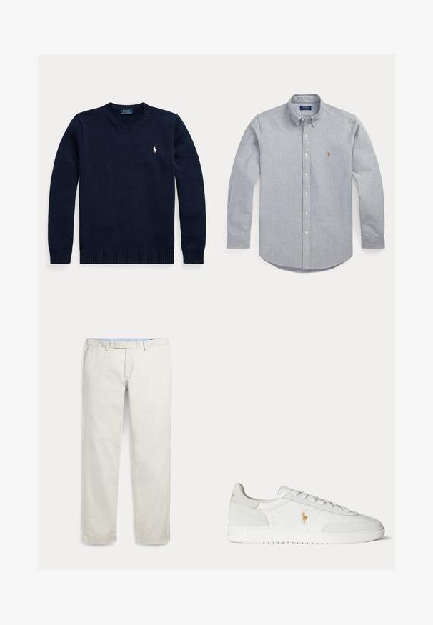 Donkerblauwe trui met ronde hals, lange mouwen en een klein wit Polo Ralph Lauren-logo op de linkerborst.; Lichtblauw overhemd van zachte stof; voorzien van een puntige kraag, lange mouwen en een klein geborduurd logo op de borst.; Licht beige herenbroek met rechte pijpen, riemlussen en zijzakken, plat weergegeven op een witte achtergrond.; Witte lage sneaker met vetersluiting, gouden Polo Ralph Lauren-logo aan de zijkant en een gestructureerde zool op een effen achtergrond.