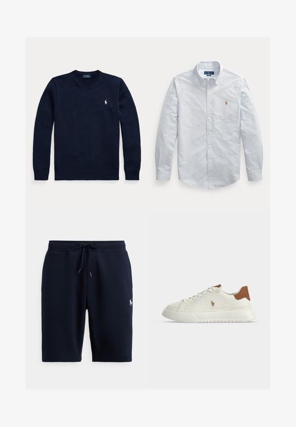 Jersey azul marino con cuello redondo, mangas largas y un pequeño logo blanco de Polo Ralph Lauren en el lado izquierdo del pecho.; Camisa de manga larga con botones, con finas rayas verticales azules y blancas y un pequeño logo bordado en el pecho.; Pantalones cortos deportivos de algodón azul marino con cintura elástica, cordón y detalle de logo en el lado izquierdo. Textura suave, longitud hasta la rodilla.; Zapatilla blanca de corte bajo con lengüeta marrón en el talón, cierre de cordones en la parte delantera, suela gruesa y pequeño logo bordado de un caballo en el lateral.