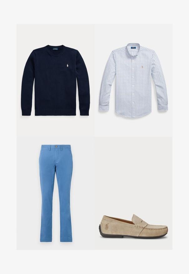 Navyblå rundhalset sweater med lange ærmer og et lille hvidt Polo Ralph Lauren-logo på venstre bryst.; Herreskjorte med lange ærmer og knapper i hvid med et blå og rødt ternet mønster. Har en krave og et lille broderet logo på brystet.; Lyseblå bukser med lige ben lavet af et blødt stof. Har en gylden knap i taljen og et klassisk lommedesign.; Beige ruskindsloafers med syninger, flad gummisål og et lille logo på siden. Klassisk slip-on design, blød tekstur.