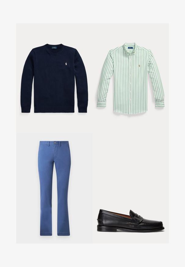 Tmavomodrý sveter s okrúhlym výstrihom a dlhými rukávmi s malým bielym logom Polo Ralph Lauren na ľavej strane hrude.; Pánska košeľa s dlhým rukávom na gombíky s vertikálnymi zelenými a bielymi pruhmi a malým vyšívaným logom na ľavej strane hrudi.; Modré nohavice z bavlnenej zmesi so strihom rovného nohavice, zapínaním na gombík, funkčnými vreckami a hladkou textúrou. Jednoduchý a univerzálny štýl.; Čierny kožený mokasín s nízkym podpätkom a detailom s penny remienkom, zobrazený z boku na svetlosivom pozadí.
