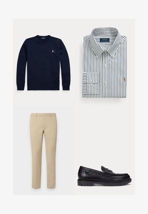 Tmavomodrý sveter s okrúhlym výstrihom a dlhými rukávmi s malým bielym logom Polo Ralph Lauren na ľavej strane hrude.; Zložená biela košeľa s námorníckymi zvislými pruhmi, golier s gombíkmi a vyšívané logo Polo Ralph Lauren na hrudi.; Béžové bavlnené nohavice so rovnými nohavicami, ktoré majú pútka na opasok, plochý predný diel a upravené lemy. Hladká textúra a minimálne detaily.; Čierny kožený mokasín s hrubou drsnou podrážkou a malou zelenou značkou "Polo" na vonkajšej strane pri päte.