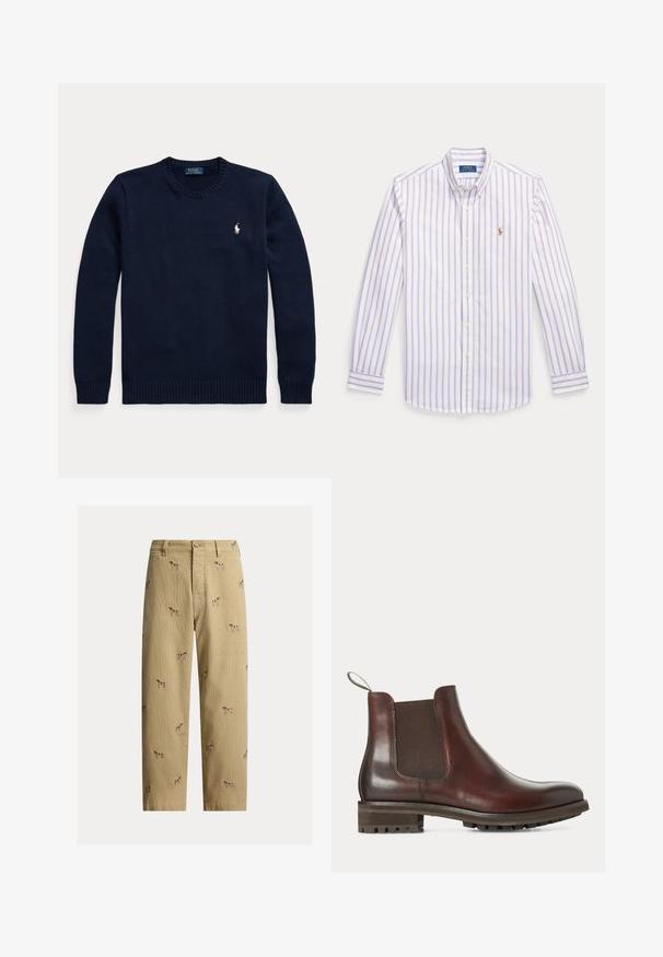 Tmavomodrý sveter s okrúhlym výstrihom a dlhými rukávmi s malým bielym logom Polo Ralph Lauren na ľavej strane hrude.; Biela košeľa s dlhým rukávom s vertikálnymi svetlofialovými pruhmi, golierom na gombíky a malým vyšívaným logom na hrudi.; Béžové kordurové nohavice s vyšívanými motívmi psov, rovný strih nohavíc, päťvreckový štýl s predným zapínaním na gombík.; Hnedá kožená Chelsea čižma s elastickým bočným panelom, sťahovacou pútkom na päte a hrubou gumovou podrážkou so vzorom.