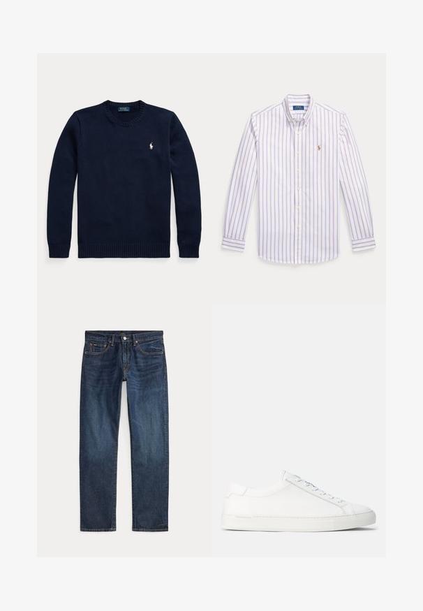 Navyblå rundhalset sweater med lange ærmer og et lille hvidt Polo Ralph Lauren-logo på venstre bryst.; Hvid skjorte med lange ærmer med lodrette lyse lilla striber, knaplukket krave og lille broderet logo på brystet.; Mørkeblå straight-leg denimjeans med forlommer, bæltestropper og metal knappelukning på ensfarvet baggrund.; Hvide lædersneakers med en glat overflade, rund form, flad gummisål og hvide snørebånd. Har et minimalistisk design og diskret branding.