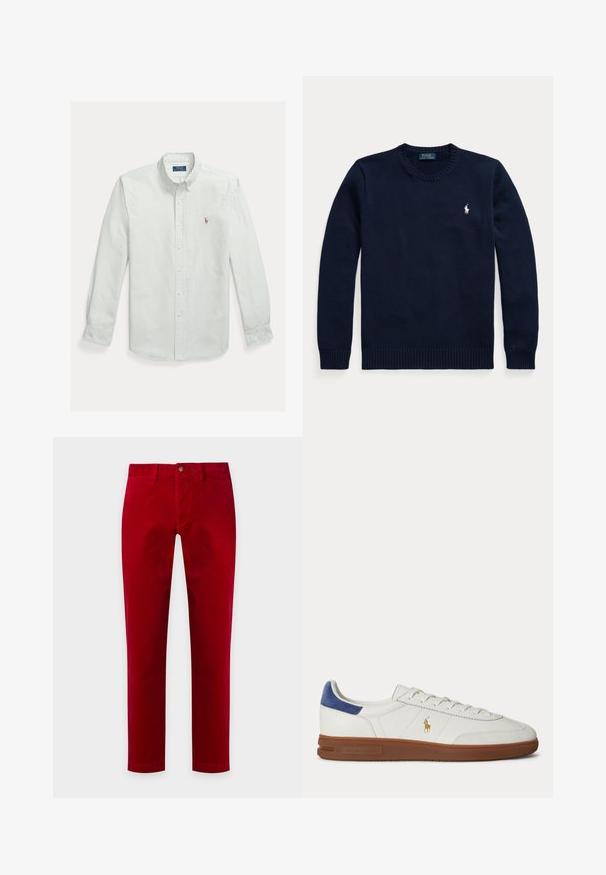 Marineblå genser med rund hals, lange ermer og en liten hvit Polo Ralph Lauren-logo på venstre bryst.; Lysegrønn og hvit stripete cottonskjorte med knapper, med klassisk krage og lite brodert logo på brystet.; Rettkuttede røde kordfløyelsbukser med beltehemper og knappelukking, vist flatt på hvit bakgrunn.; Hvit lavtopp sneaker med brun såle, blå hælklakk, lisser og gyllent Polo Ralph Lauren-logo på siden.