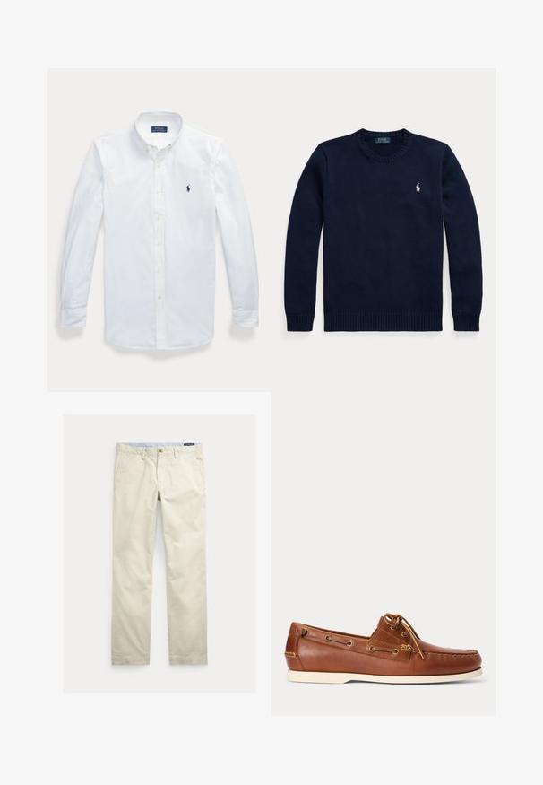 Tmavomodrý sveter s okrúhlym výstrihom a dlhými rukávmi s malým bielym logom Polo Ralph Lauren na ľavej strane hrude.; Biela košeľa s dlhým rukávom, gombíkmi a golierom, vyšívané logo Polo Ralph Lauren na ľavej strane hrude.; Béžové bavlnené nohavice s rovnými nohavicami, opaskové pútká, predné zapínanie na gombík, zips a bočné vrecká.; Hnedá kožená lodná obuv s bielou podrážkou, šnúrka zviazaná na vrchu a kovové oko pozdĺž strán a predného švu.