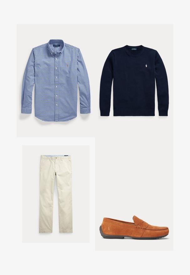 Donkerblauwe trui met ronde hals, lange mouwen en een klein wit Polo Ralph Lauren-logo op de linkerborst.; Blauw-wit geruit overhemd met lange mouwen, knopen, kraag en geborduurd logo op de linker borst.; Beige katoenen broek met rechte pijpen, riemlussen, voorste knoop, ritssluiting en zijzakken.; Bruine suède herensloffen met stikseldetails, een gleuf voor munten op het bovenwerk en een donkere rubberen zool.