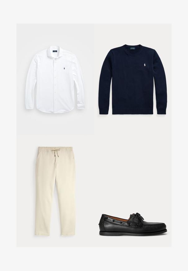 Donkerblauwe trui met ronde hals, lange mouwen en een klein wit Polo Ralph Lauren-logo op de linkerborst.; Witte lange mouwen knoopshirt van katoen. Heeft een klassieke kraag, normale pasvorm en een klein marineblauw logo op de borst.; Off-white casual broek met elastische tailleband en trekkoord, rechte pijpen en zijzakken op een effen achtergrond.; Zwarte leren mocassin met veterdetail en lage rubberen zool, zijaanzicht op een eenvoudige lichte achtergrond.