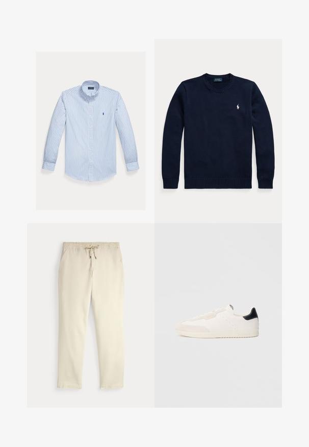 Jersey azul marino con cuello redondo, mangas largas y un pequeño logo blanco de Polo Ralph Lauren en el lado izquierdo del pecho.; Camisa de manga larga azul claro con rayas blancas verticales, cuello abotonado y un pequeño logo en el bolsillo izquierdo del pecho.; Pantalones casuales color blanco roto con cinturilla elástica y cordón, piernas rectas y bolsillos laterales sobre un fondo liso.; Zapatillas blancas de cuero con detalles en ante, con una lengüeta negra en el talón, diseño con cordones, detalles perforados y marca sutil en el lateral.