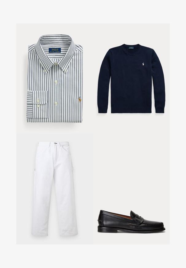 Tmavomodrý sveter s okrúhlym výstrihom a dlhými rukávmi s malým bielym logom Polo Ralph Lauren na ľavej strane hrude.; Zložená biela košeľa s námorníckymi zvislými pruhmi, golier s gombíkmi a vyšívané logo Polo Ralph Lauren na hrudi.; Biele nohavice s vysokým pásom a rovnými nohavicami, s pútkami na opasok, prednými vreckami, zapínaním na gombíky a bočným úžitkovým vreckom na jednofarebnom pozadí.; Čierny kožený mokasín s nízkym podpätkom a detailom s penny remienkom, zobrazený z boku na svetlosivom pozadí.