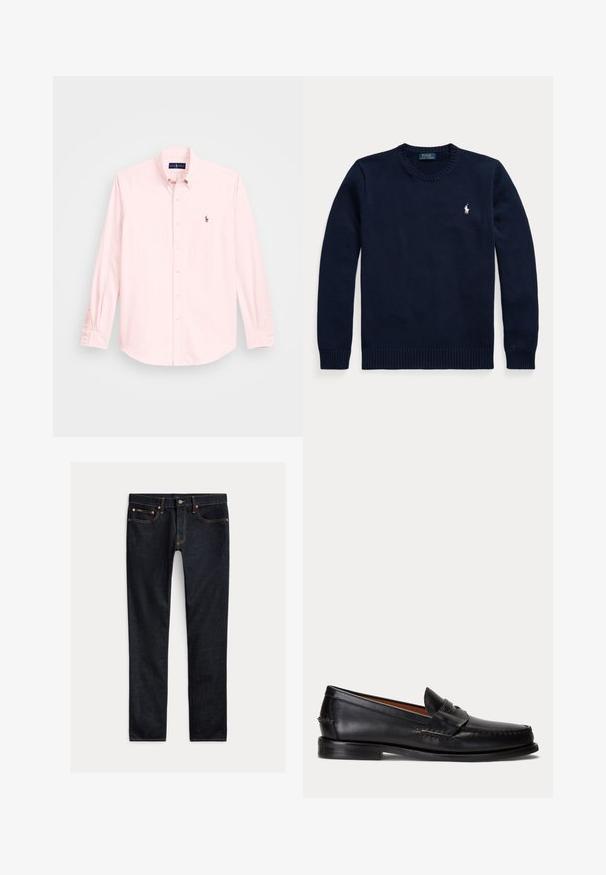 Tumesinine ümar kaelusega kampsun pikkade varrukatega ja väike valge Polo Ralph Laureni logo vasakul rinnal.; Heledroosa pikka varrukaga särk nööpidega kraega, millel on vasakul rinnal väike broderi logoga embleem, valmistatud siledast puuvillasegust.; Tumedassinised kitsad teksad viie tasku, nööp-kinnituse ja kontrastõmblustega, tasapinnal heledal taustal.; Mustast nahast loafer madala kontsa ja penny rihma detailiga, näidatud küljelt helehallil taustal.