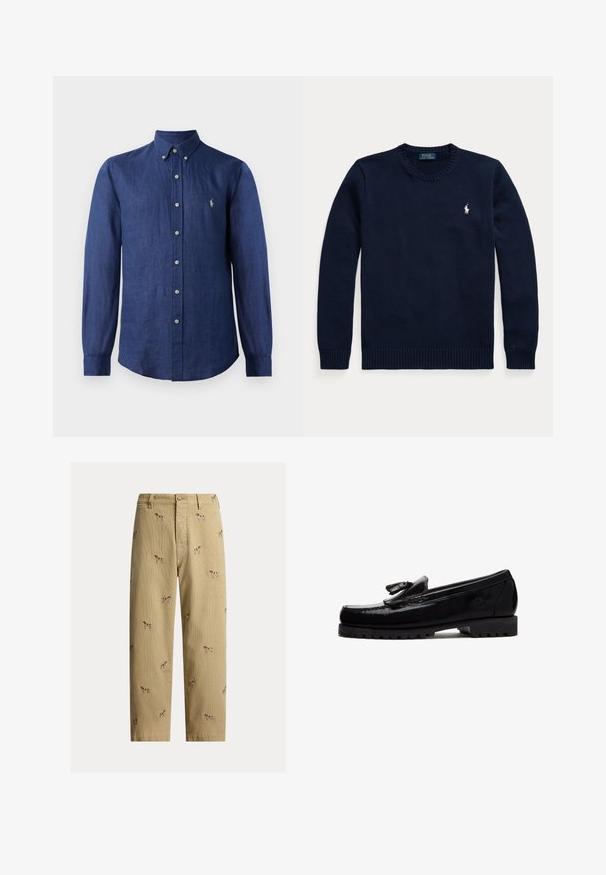 Donkerblauwe trui met ronde hals, lange mouwen en een klein wit Polo Ralph Lauren-logo op de linkerborst.; Donkerblauwe lange mouwen shirt van linnen met een button-down kraag, voorzien van een klein logo en knoopsluiting aan de voorkant.; Beige ribfluwelen broek met geborduurde hondendesigns, rechte pijp, en vijfzakkenstijl met een knoopsluiting aan de voorkant.; Zwarte leren loafer met kwastdetail, dikke robuuste zool en geperst logo aan de zijkant, zijaanzicht tegen een witte achtergrond.