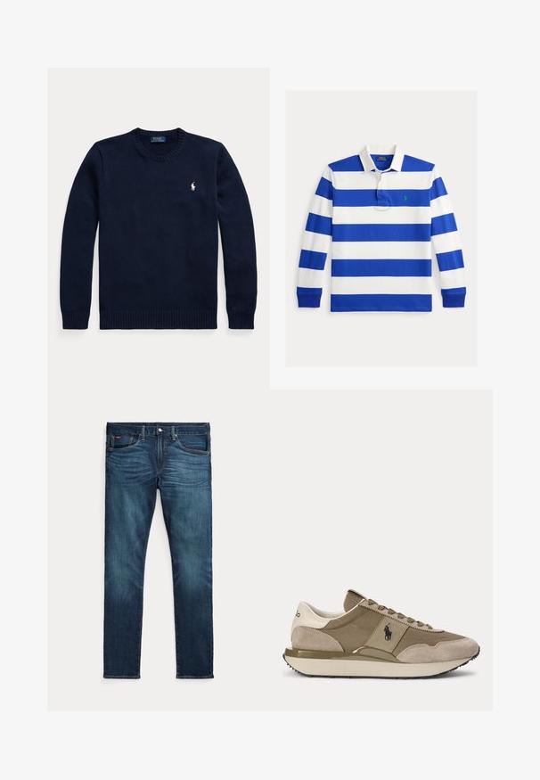 Donkerblauwe trui met ronde hals, lange mouwen en een klein wit Polo Ralph Lauren-logo op de linkerborst.; Gestreept poloshirt met lange mouwen in blauw en wit katoen, voorzien van een kraag, knopenlijst en een klein groen logo op de borst.; Donkerblauwe slim-fit jeans met vooraan een knoop en ritssluiting, vijf zakken en subtiel vervagen op de voorkant van de dijen en knieën.; Zijaanzicht van beige en bruine sneaker met suède accenten en Polo-logo aan de zijkant tegen een effen achtergrond.