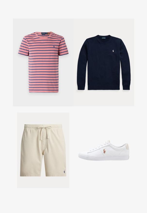 Tumesinine ümar kaelusega kampsun pikkade varrukatega ja väike valge Polo Ralph Laureni logo vasakul rinnal.; Lühikeste varrukatega roosa puuvillane T-särk, millel on tumesinised horisontaalsed triibud. Vasakul rinnal on väike sinine logo. Klassikaline ümmargune kaelus.; Beezhbeezid meestepüksid, millel on elastne vöökoht ja nöör, alumisel vasakul jalal väike tume logo.; Valge kanvasest tennis, madala lõikega disain, millel on beež kontsapink ja väike tikitud logo küljel. Kummi välissole.