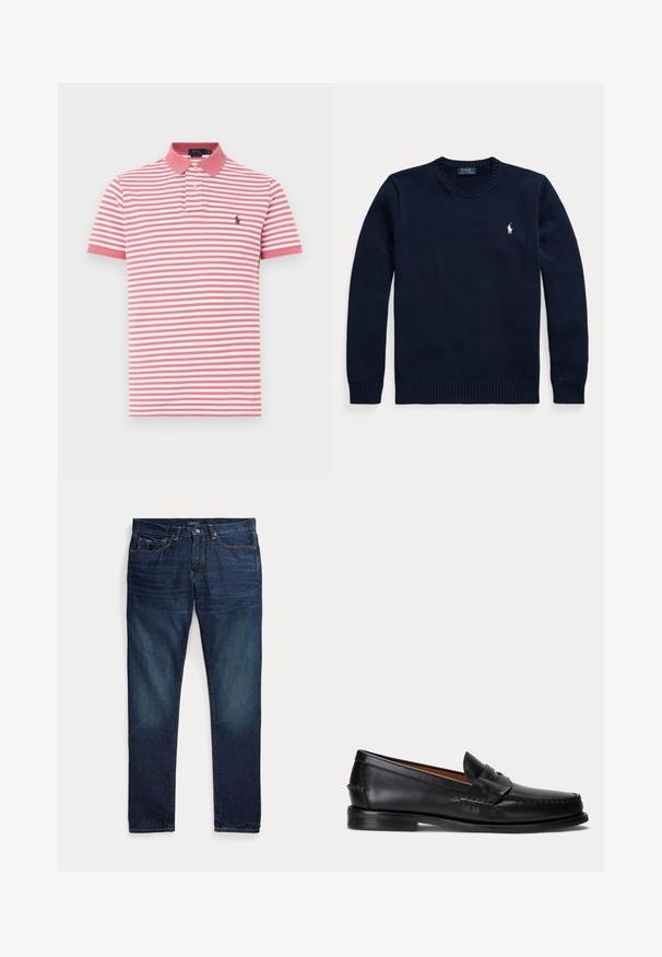 Navyblå rundhalset sweater med lange ærmer og et lille hvidt Polo Ralph Lauren-logo på venstre bryst.; Kortærmet polo med skiftevis lyserøde og hvide striber, krave og en lille navyblå logo på venstre bryst. Bomuldsmateriale.; Mørkeblå denimjeans med fem lommer, lynlås og knaplukning, lagt fladt på en hvid baggrund.; Sort læderloafer med lav hæl og pennyremdetalje, vist fra siden på en lysegrå baggrund.