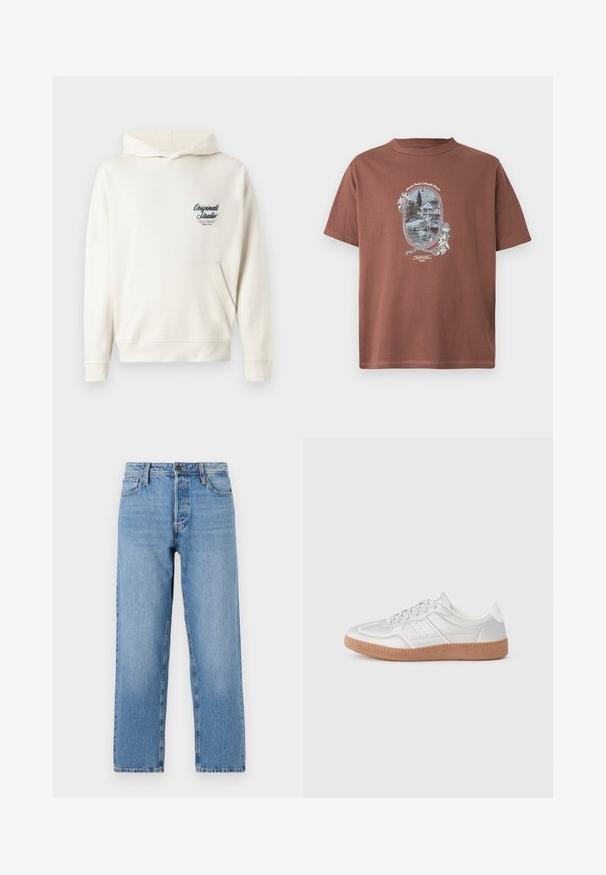 Crème-kleurige hoodie gemaakt van zachte stof, met een voorzak, ribgebreide manchetten en een klein geborduurd logo op de borst.; Bruin katoenen T-shirt met een vintage grafische print van een resort aan het meer, omlijst door witte bloemaccenten. Korte mouwen en ronde hals.; Lichtblauwe denim jeans met een recht beenontwerp, voorzien van een knoop- en ritsluiting, vijf zakken en subtiele vervaging.; Zilveren sneakers met een gladde textuur, vetersluiting, geperforeerde accenten en een gestructureerde bruine rubberen zool.