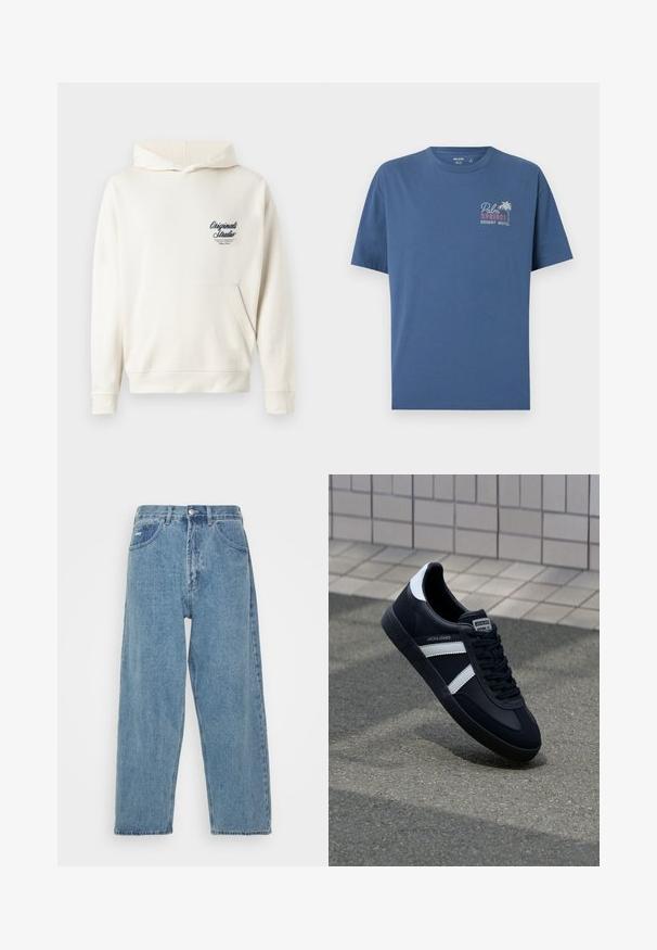Crème-kleurige hoodie gemaakt van zachte stof, met een voorzak, ribgebreide manchetten en een klein geborduurd logo op de borst.; Blauw T-shirt met korte mouwen, met de tekst "Palm Springs Desert Motel" en een afbeelding van een palmboom op de linkerborst.; Lichtblauwe denim jeans met een hoge taille, ontspannen pasvorm, met twee zijzakken, een achterzak met patch en een knoopsluiting.; Zwarte leren sneaker met witte strepen, een gestructureerde rubberen zool en vetersluiting aan de voorkant. Voorzien van een merklabel op de tong.